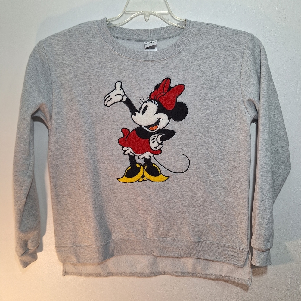 Disney Minnie Mouse Sweatshirt Womens Sz XL  Heather Grey Embroidered Tunic Hem